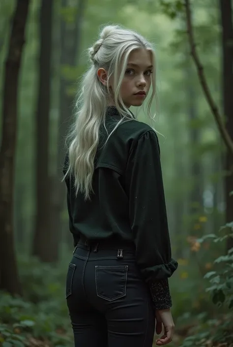 Une fille avec des cheveux blanc au carrée détaché, un haut noir avec des touches de vert discret et un pantalon noir un collier de serpent.  dans une forêt sombre où la voit de dos Une qualité d’image de mauvaise qualité 