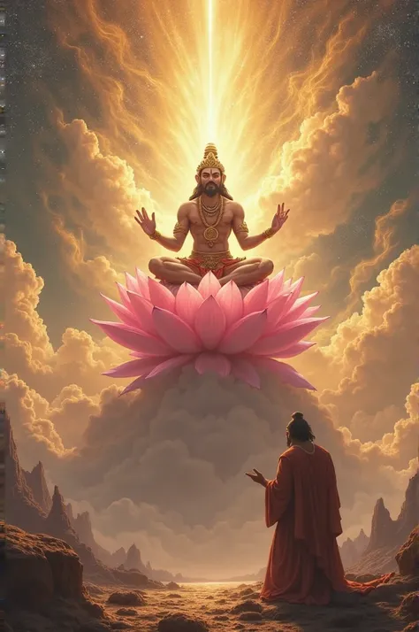 "In a heavenly realm filled with golden clouds and celestial music, Lord Brahma, seated on a giant pink lotus, appears before Bhagirath. Brahma, glowing with divine light, extends his hand in blessing. Bhagirath, still dressed as a hermit, bows with folded...