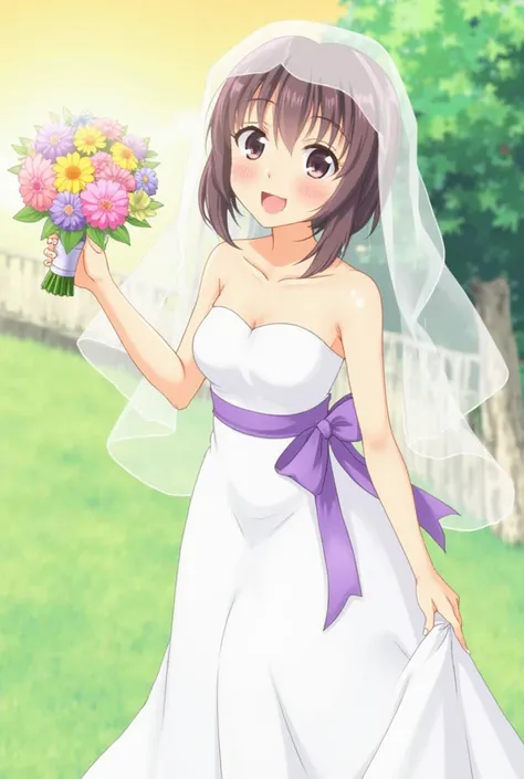 best quality, absurdres, masterpiece, 1人の女の子
special week \(Uma Musume\), 
ウマ耳, Refer to the wedding dress, White wedding dress, bare shoulders, cleavage, flat chest, White dress, White skirt, Translucent veil, purple belt, purple ribbon, Colorful bouquet,...