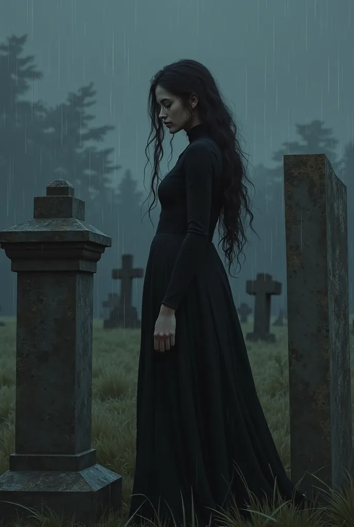 In a solemn cemetery at dusk, Lívia, a beautiful young woman with fair skin and long dark brown hair, is dressed in a black mourning dress. She stands alone beside a grave, her head bowed, with a sad, tearful expression. The sky is darkening, with a light ...