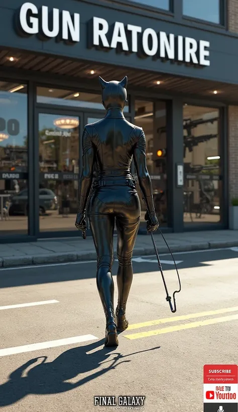 
"A hyper-realistic digital artwork of Catwoman walking towards a modern gun store. She is seen from the back, dressed in a sleek, black catsuit with a glossy texture that reflects sunlight. She has cat ears, a utility belt, and holds a black whip in her r...