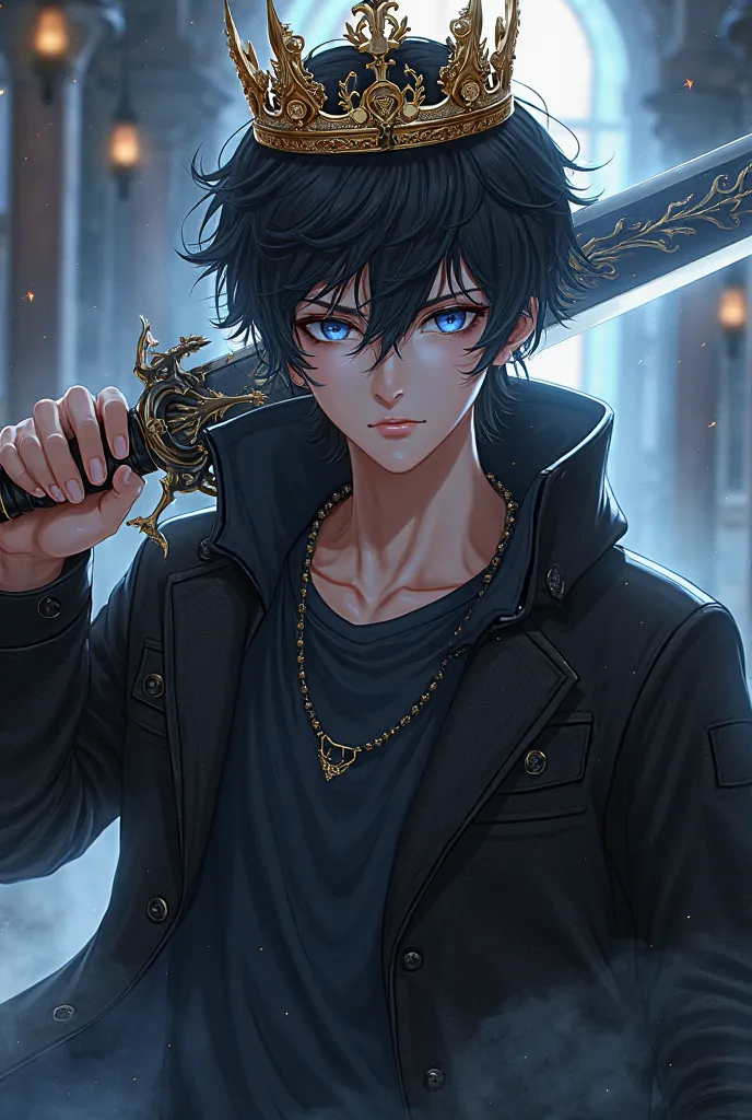 make a cool anime looking boy with black jacket and with black t shirt under the jacket with black hair with blue eyes with a golder crown and holding a dragon sword