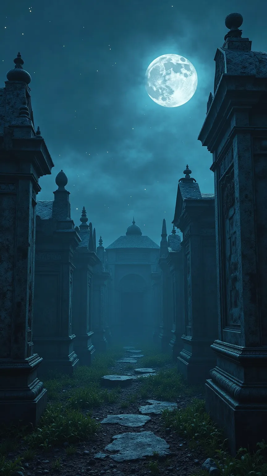 An uncovered cemetery, it's dusk, there's moonlight in the sky, realistic, cinematic 8k