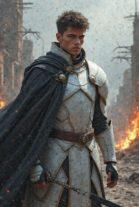 A 20-year-old guy with white armor and a black cape his eyes are red and his sword black, your serious and cold face, the landscape is a destroyed place 