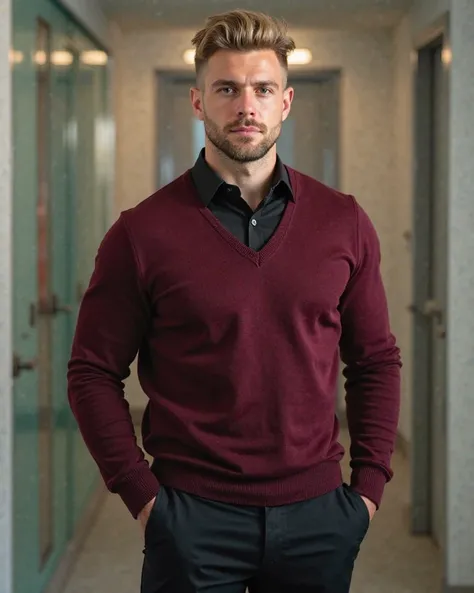 30-year-old full-bodied, High-ranking businessman,  wavy light blonde hair ,  short beard shaved on the sides ,   square face  ,  fair skin,   strong and muscular , wearing a plain V-neck knitted sweater in the color Burgundy, wearing a black shirt and bla...