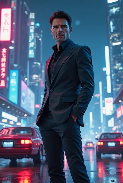 "tom cruise  wearing a sleek futuristic suit. He stands confidently in a high-tech sci-fi city with neon lights, flying cars, and towering skyscrapers. The background features a blend of cyberpunk and space-faring aesthetics, with glowing blue and purple h...