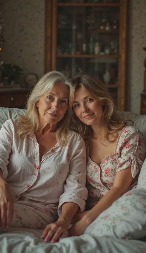 (8K resolution, cinematic lighting, soft natural lighting, subtle shadows, (photorealism:1.3)  A 55-year-old mother and her 22-year-old daughter pose hot on the couch in comfortable pajamas and half opened  clothes. Natural and realistic lighting. Natural ...