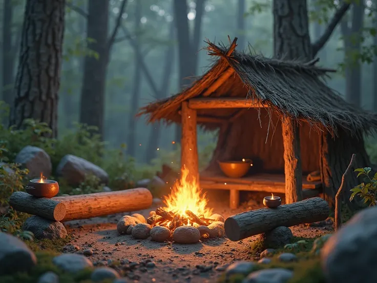 five straight wood logs that have a roof with fire