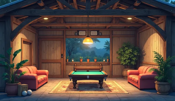 a stable without any animals in it, a sofa and a billiard desk in the stable, nigh time, anime-style, a warm stable