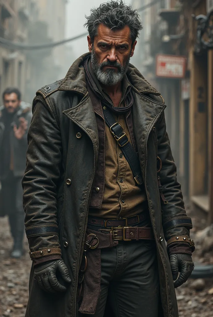 Prompts
Crea l'immagine di un uomo di quarant'anni, with short hair and dark gray, short beard, Tall and sturdy , with black eyes , dressed in scruffy clothes in steam punk style. He looks a bit tired.