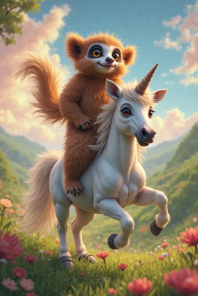 A lemur with long brown hair rides on a unicorn with a long shiny mane and tail