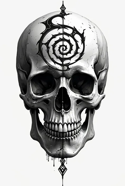 Complete skull with very simple black and white spiral with neotribal decoration