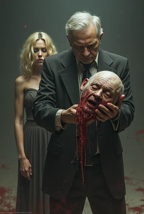 A man with a blurred face holding an old man's head dripping with blood, and a blonde woman next to him.