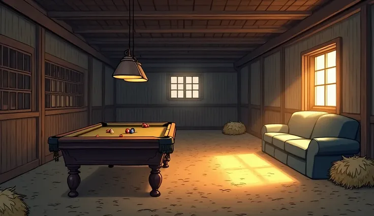 a stable without any animals in it, a sofa and a billiard desk in the stable, there are some hay in the stable, nigh time, anime-style, a warm stable