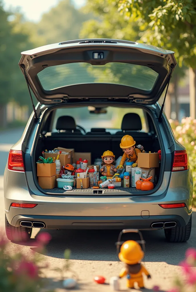 create a photo of a car and little people are cleaning this car in the trunk. For little men to put things in an organizer for things