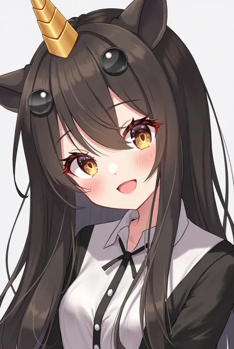 A girl with white skin, anime, long black and brown hair, With a happy laugh, brown eyes,  golden horns , cute black and white shirt, Shape of a girl , And with black lenses above the head , With a twin