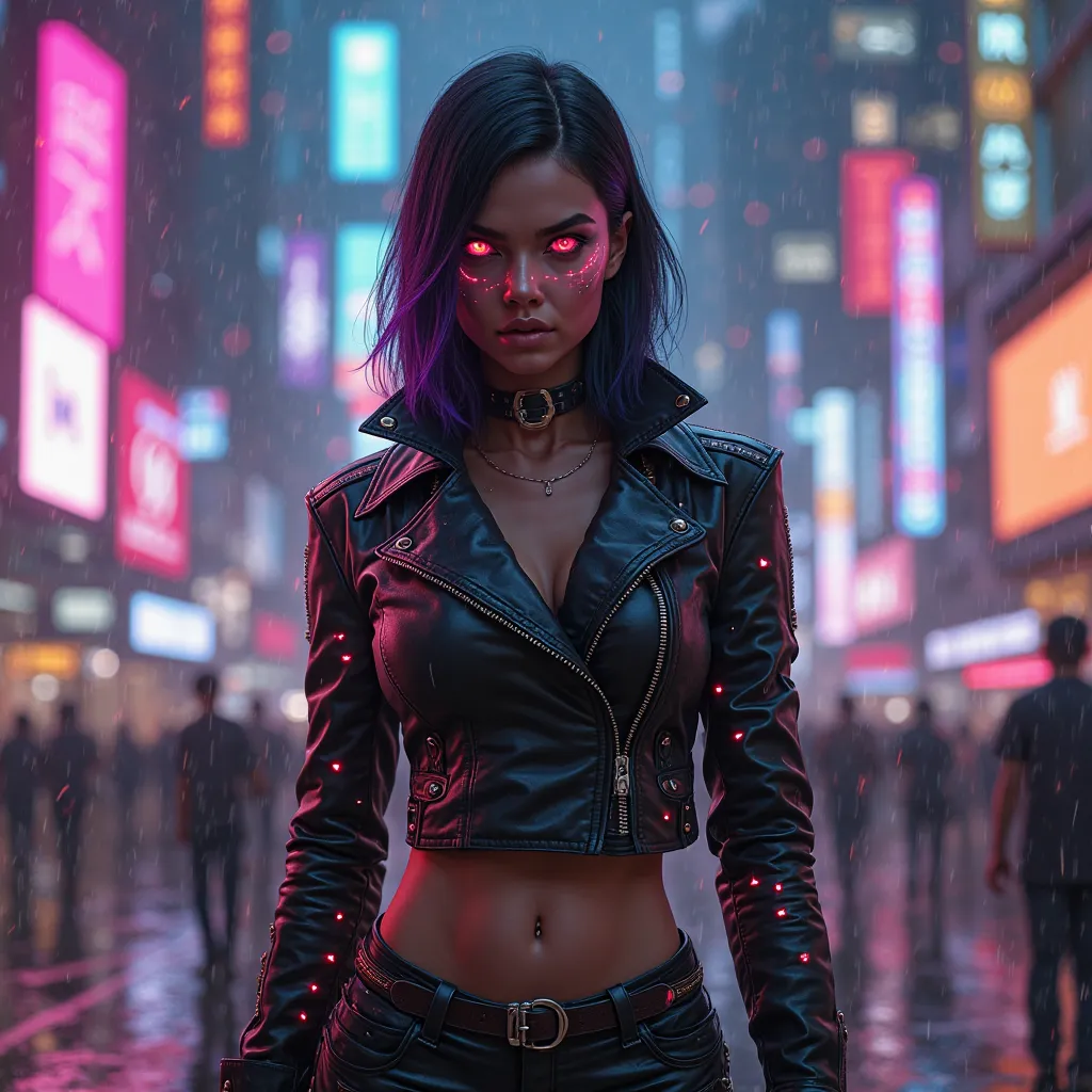 A fierce brunette woman with a cyberpunk vibe stands boldly under vibrant neon lights. Her shoulder-length, sleek dark hair has subtle streaks of electric purple that catch the glow around her. Her amber eyes gleam with a digital HUD interface, reflecting ...