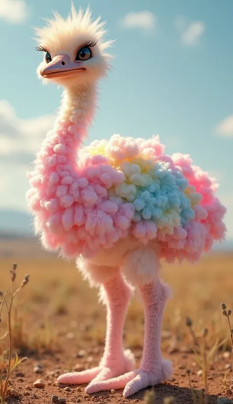 A fantastical ostrich made entirely of soft, pastel-colored cotton candy. Its body is composed of fluffy swirls of pink, blue, and yellow sugar, and its long legs are light and airy, trailing soft wisps of cotton candy. The bird’s neck extends gracefully, ...