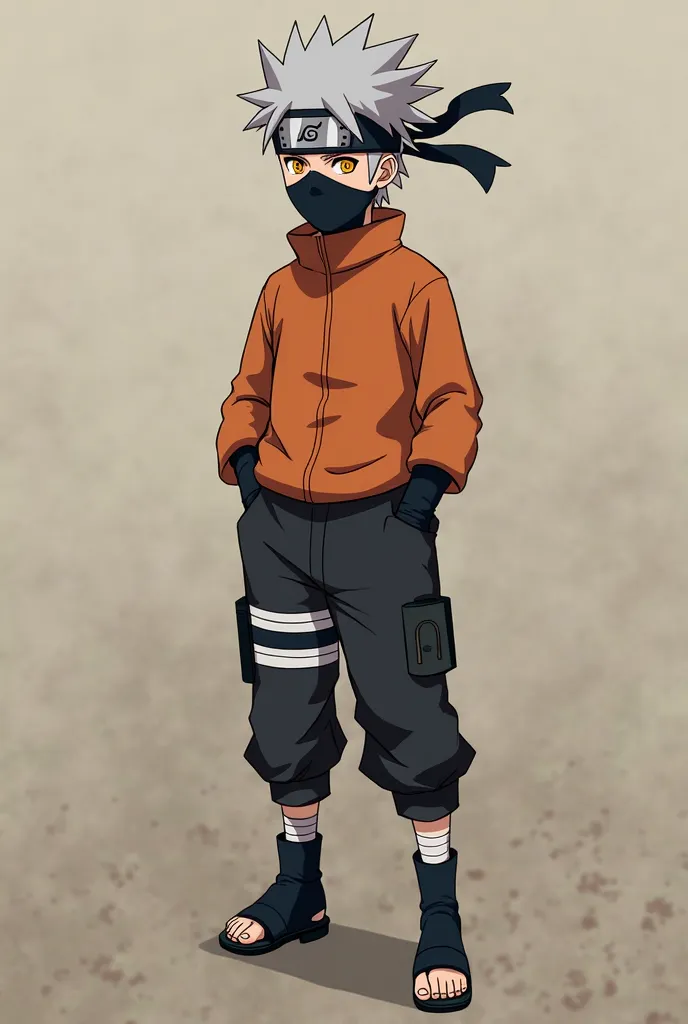 Make a kakashi like character remove the mask and the band around his head and make  with a long sleeve orange shirt and give him black baggy pants with the naruto shoes and give him yellow eyes 1 guy Brown Hair, HD, make him like I said plz remove the mas...