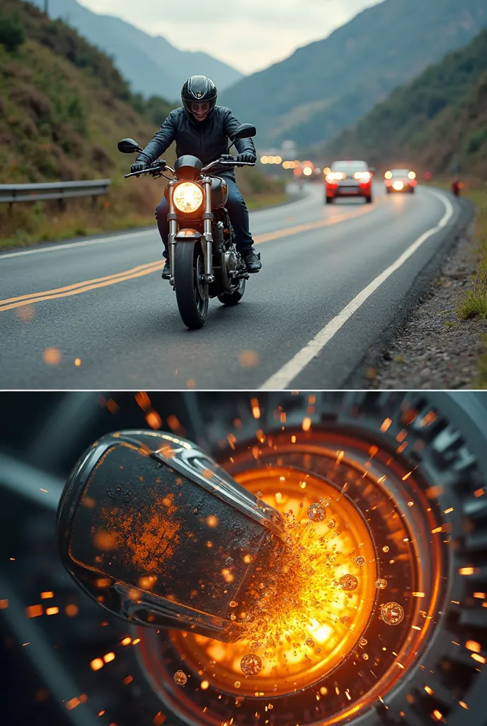 A cinematic ad showcasing a motorcycle struggling on a winding mountain road and a car stuck in city traffic. The engines overheat, and warning signs appear. Suddenly, a high-tech engine oil flows inside the engine, smoothly reducing friction and cooling i...