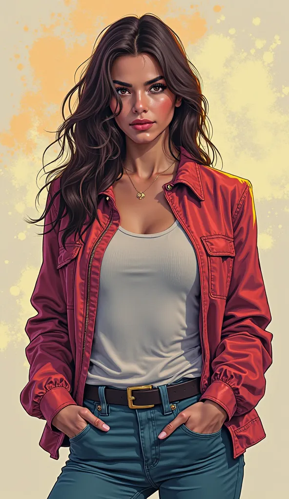 DISCREET image. with discreet casual clothes. image adult woman, american, comic book style. with a neutral face. IMAGES WITH VIBRANT COLORS.