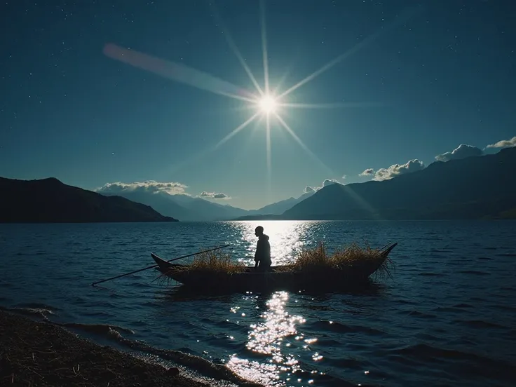 The scene is the Lake Titicaca and hills of the mountainous area of ​​Puno during a full moon night, the centre of the scene is a radiant shine coming from the depths of the lake and near of it a small boat of reeds with a young inca men inside