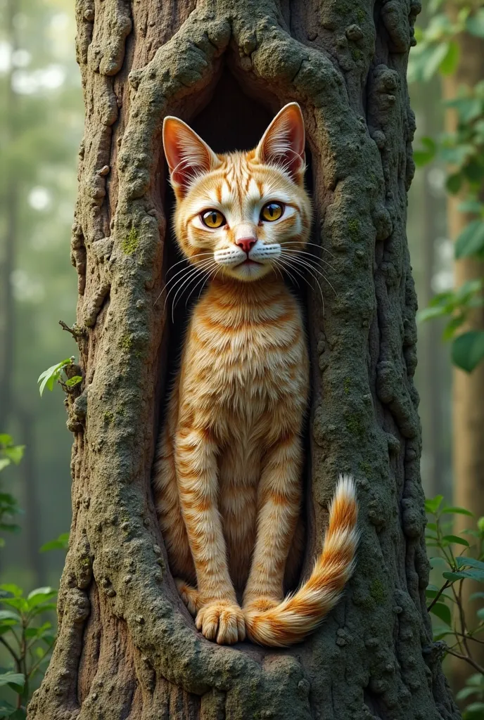 a realistic version of a cat carved on a tree