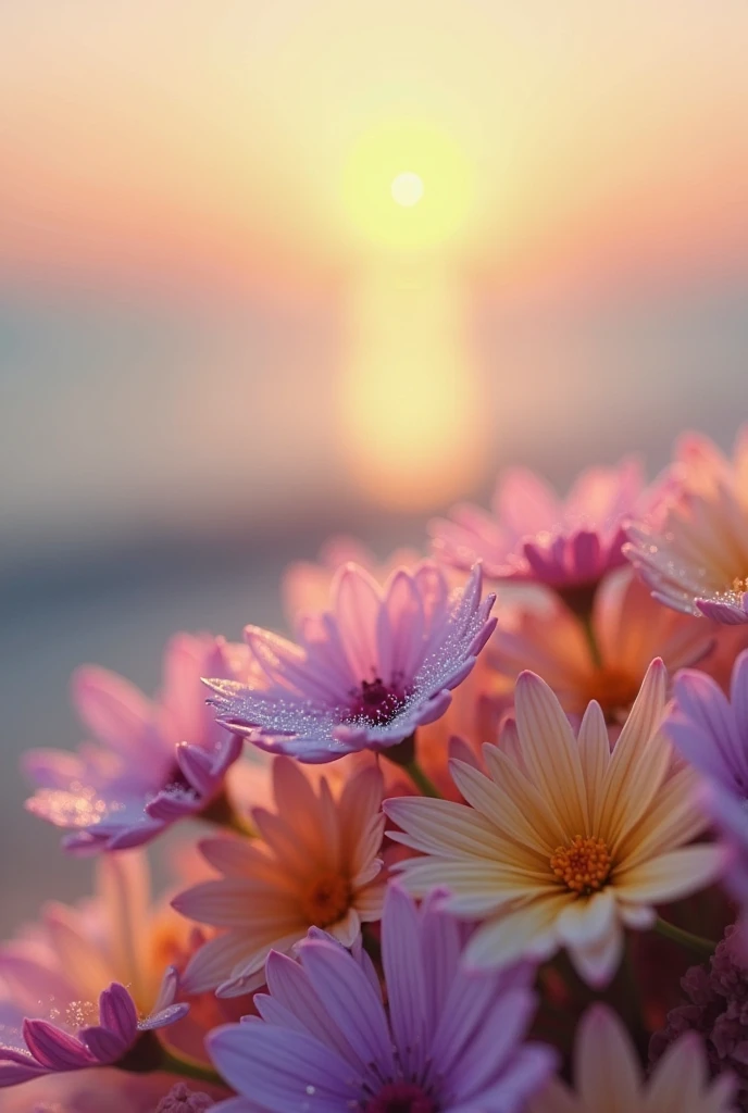 Hyperrealistic image close up of tiny flowers, blurred sea in the background at sunset
