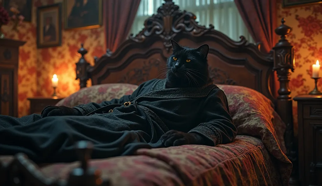 A dark and antique bedroom, with Victorian furniture and a faint old fireplace illuminating the environment. On a large luxurious carved wooden bed, an Black cat named Great-Uncle Mephistopheles is lying down, wearing an elegant robe and a worn top hat. He...