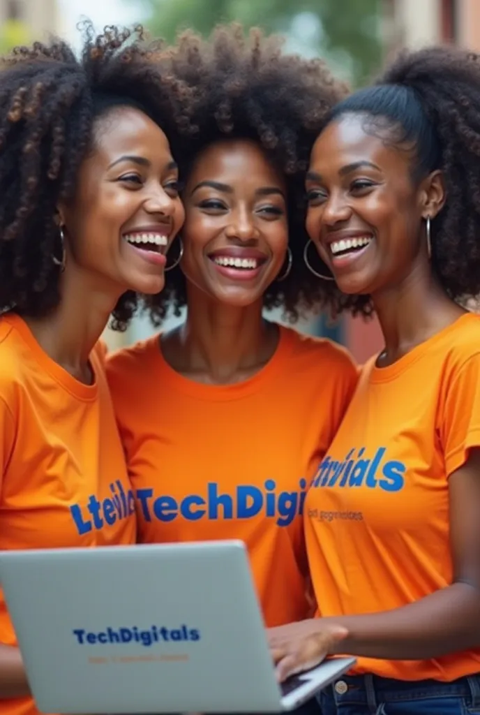 3 african radies joyful wearing oranged  tshirts , each tshirt and each cap labled TEQ DIGITALS blue color text.Who have laptop each other and each laptop has a lable TEQDIGITALS