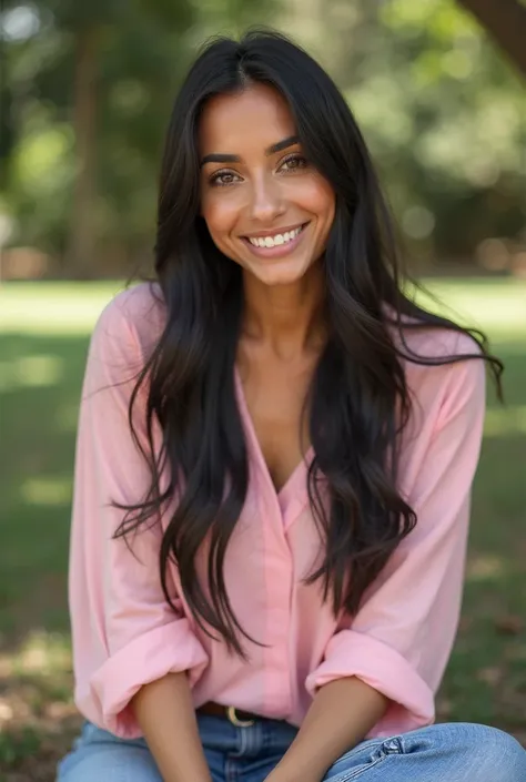 Generate a very realistic and natural photo of a 35-year-old Brazilian woman with straight black and long hair, She's wearing a pink blouse jeans, light makeup, is smiling, Your fingers are perfect and your nails are done in the park in a relaxed way.in th...