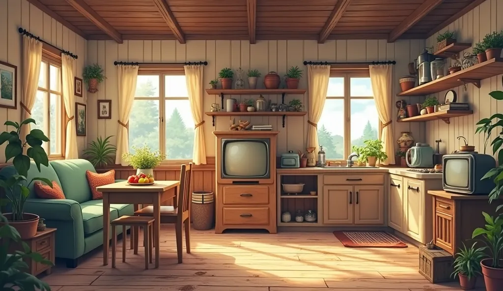 inside of a farm house, an old tv and sofa and dinning table and also a small kitchen and some other stuffs in the house, it's a warm house, daytime, anime-style