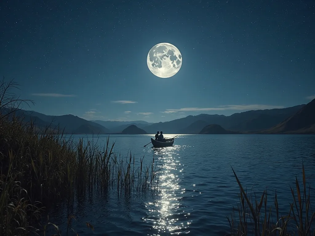 The scene is the Lake Titicaca and hills of the mountainous area of ​​Puno during a full moon and many stars night, the centre of the scene is a radiant shine coming from the depths of the lake and near of it a small boat of reeds with a young inca men ins...