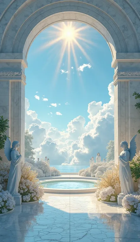 An ultra-realistic depiction of a heavenly garden within the Kingdom of Heaven, captured with a Canon EOS-1D X Mark III and an EF 85mm f/1.2L lens. The scene is set under a vast sky of deep blue, with white clouds stretching across the horizon. The focus r...