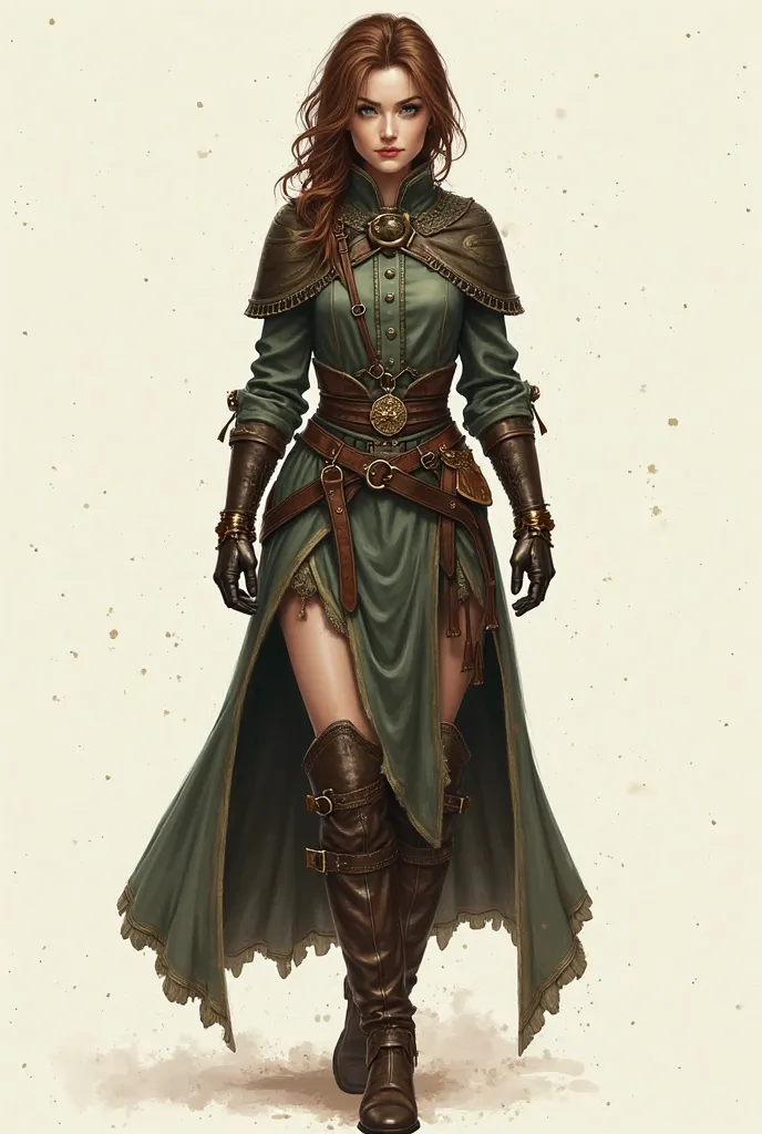 Please create a picture of a Dungeon and Dragon character of a female magician with pale skin green eyes and brown shoulder-length hair or maybe a little shorter and leather armor and boots. The picture should show the magician from head to toe and look li...