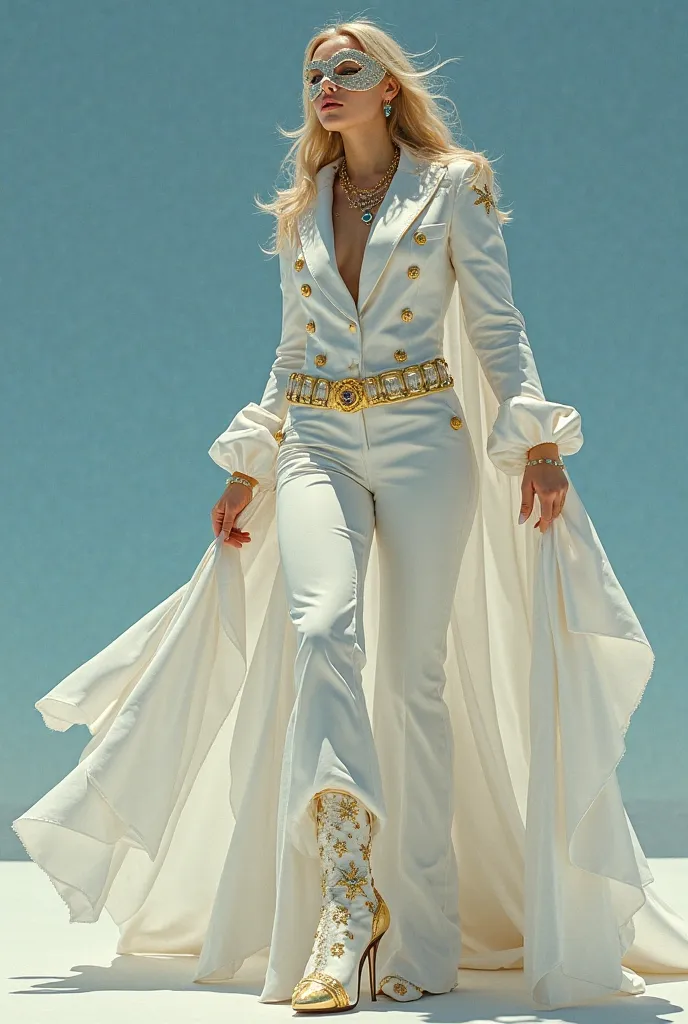 A super heroine woman in a white suit, flared pants,  high-heeled boots , layer of silk but with sparkles and details of gold and real aquamarine crystals on the and stars with real sparkles on the, my mask