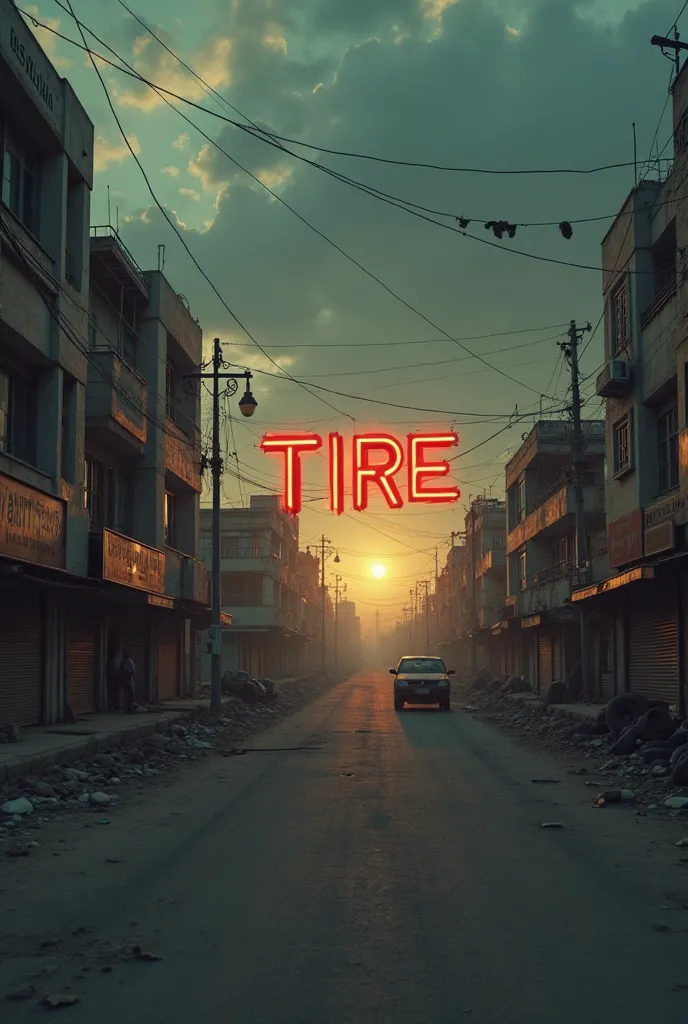 "A dystopian Yemeni street scene, empty roads with abandoned cars, tire shops closed with broken signs, and a large, bold text 'TIRE' glowing in the middle of the scene. The sky is hazy with a dramatic sunset, and a news ticker at the bottom reads: 'The la...