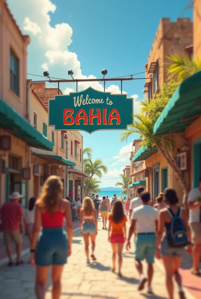 create a street where the background is a bit blurry but on the back sign we can see it written "WELCOME TO BAHIA"