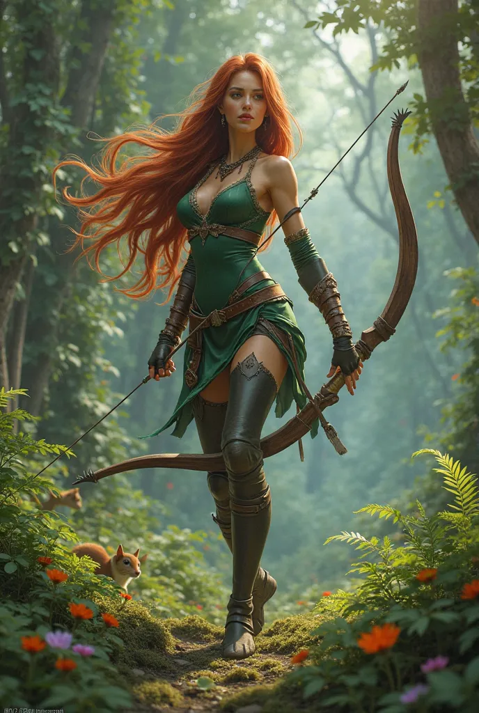 create a hot looking tall young women forest elf thief with bow as a d&d character 