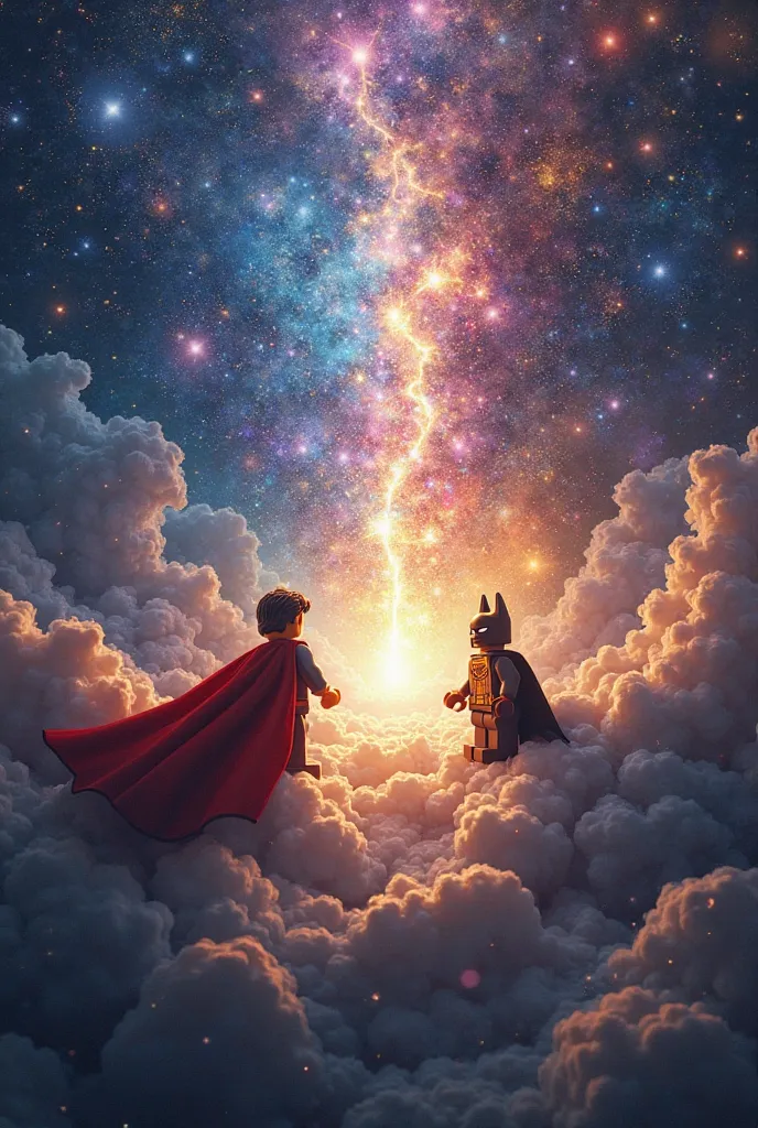 Superman e Batman em arte lego, noiteCreate a breathtaking and celestial depiction of the moment when God creates the stars. Show a vast cosmic scene filled with swirling galaxies, nebulae, and countless newborn stars bursting into existence. The image sho...