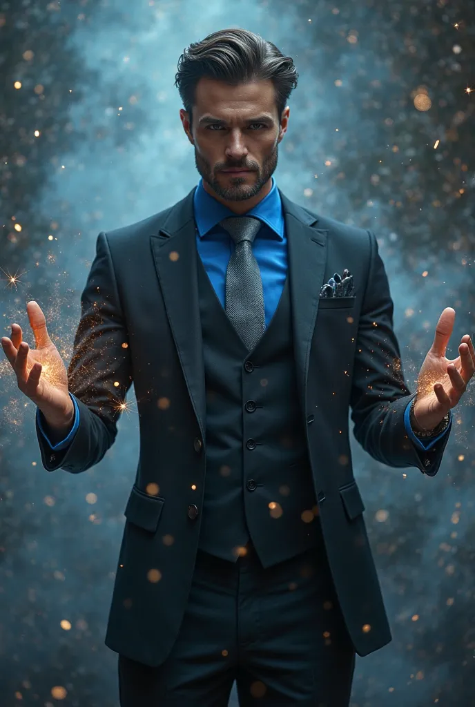 Handsome man dressed in an elegant black suit with blue shirt and gray tie casting time magic