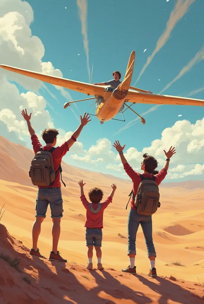 an image of 2 friends cheering for another friend as he sits on a motor glider in a desert