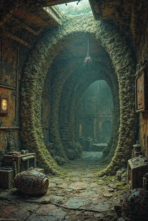 Fais mois l'intérieur d'un vaisseau de la death guard de Warhammer 40k, sachant que mon schéma d'armée est une armure pre hérésie. Je ne veux pas de personnage  seulement le decor, je veux une ambiance sombre. 