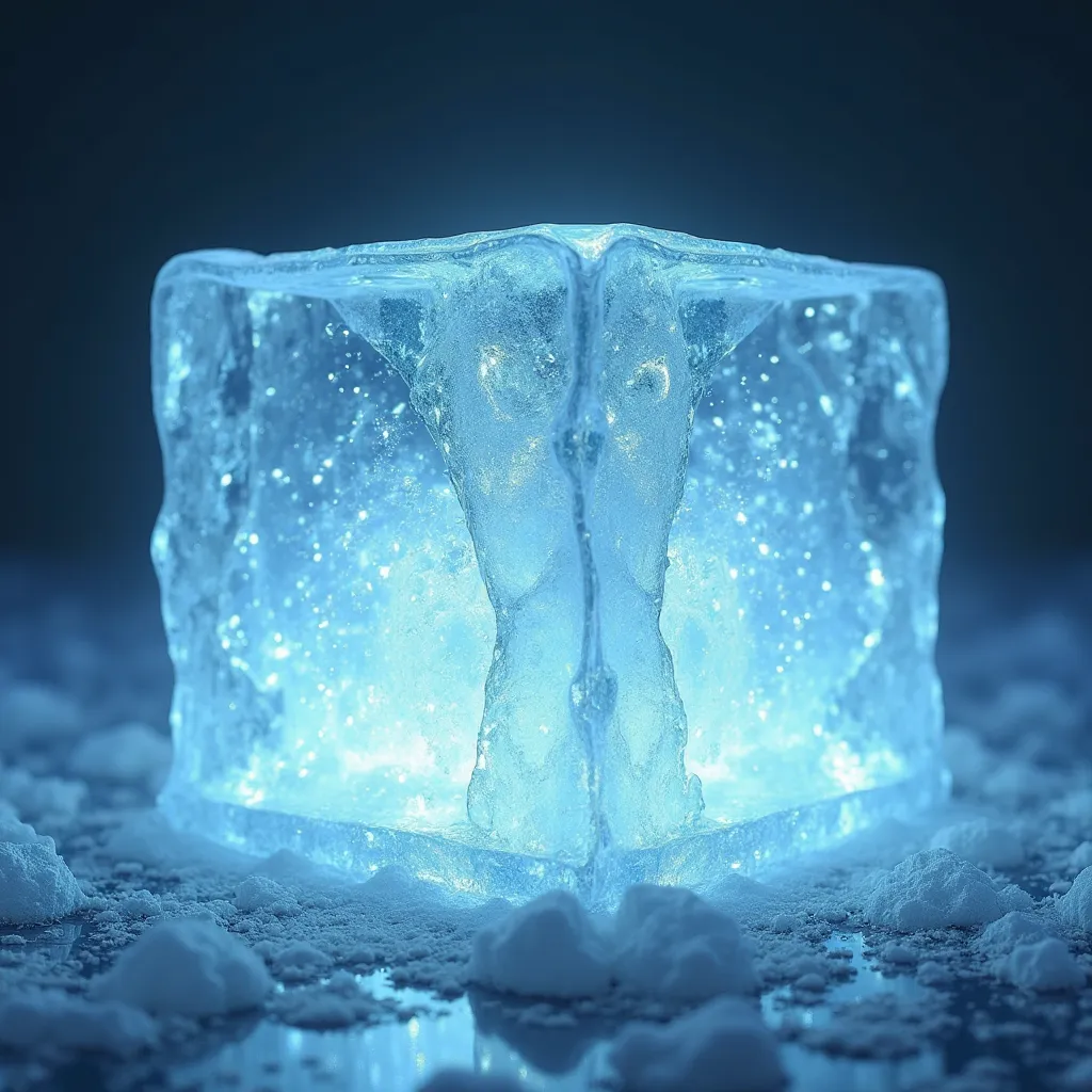 A magnificent block of glowing ice with translucent, shimmering surfaces. The ice is clear but radiates a soft, cool light from within, creating an ethereal, otherworldly glow. The surface is smooth and slightly frosted, with delicate crystalline patterns ...