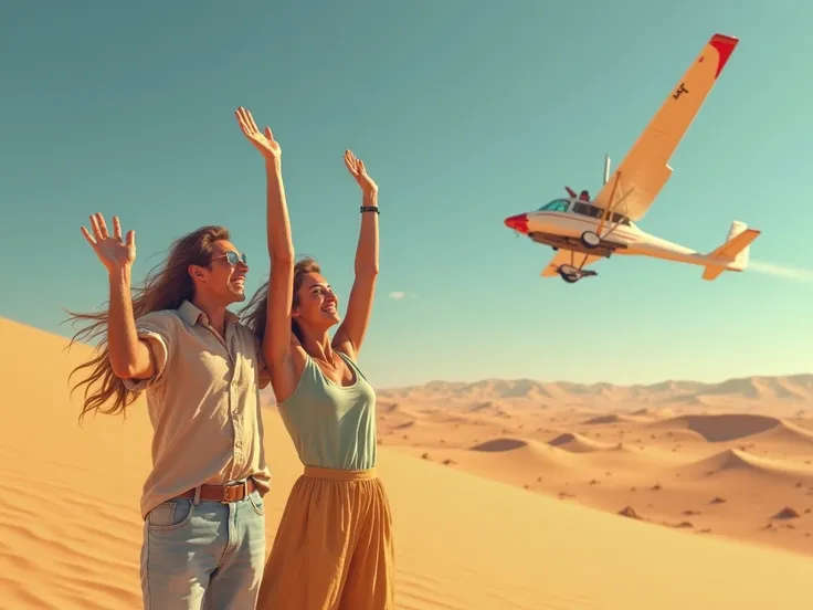 a frontal image of 2 adult friends, one male and one female cheering for their friend as he sit on a motor glider in a desert