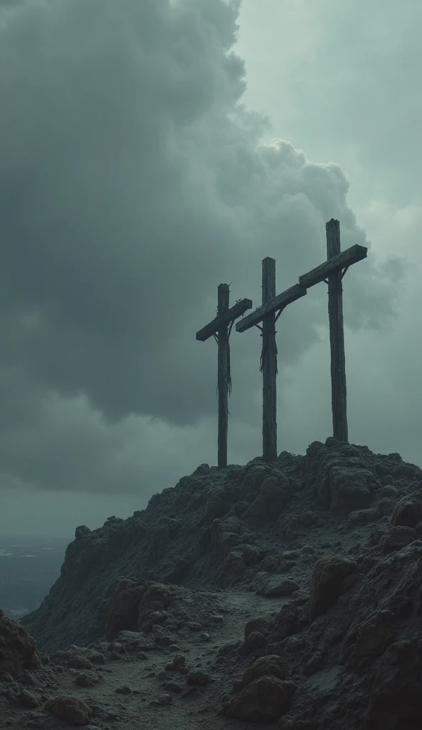 Mount Golgotha with the 3 crosses a gray sky of suspense and fear and the sky with a tone of rain