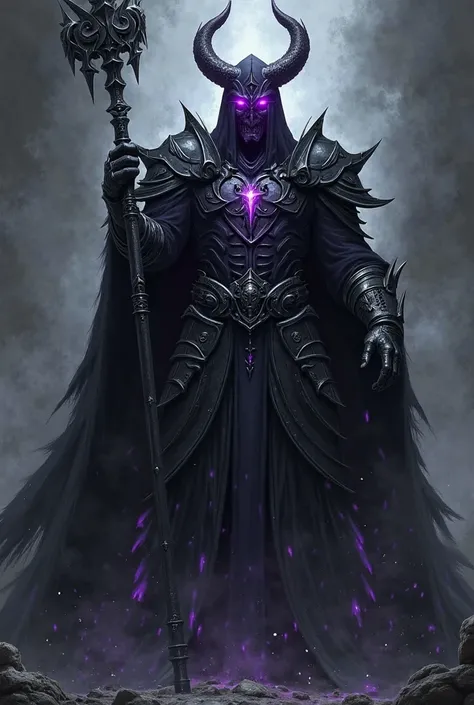 In accordance with the "Dark Lord" theme, draw a male character, similar to Sauron in the Lord of the Rings universe, whose entire body is surrounded by darkness, whose face is not visible except for his eyes, but whose eyes shine with purple light, who we...