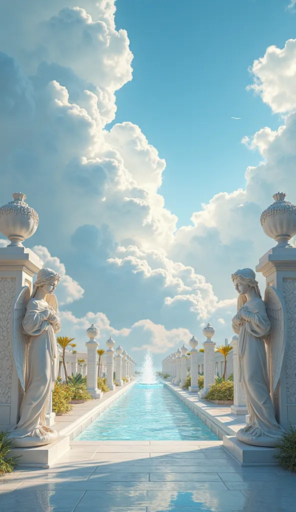 The opening scene begins with a serene view of the Kingdom of Heaven, captured with a Canon EOS-1D X Mark III and an EF 85mm f/1.2L lens. The sky is a vibrant, flawless blue, and vast white clouds stretch out in every direction. The focus is entirely on th...