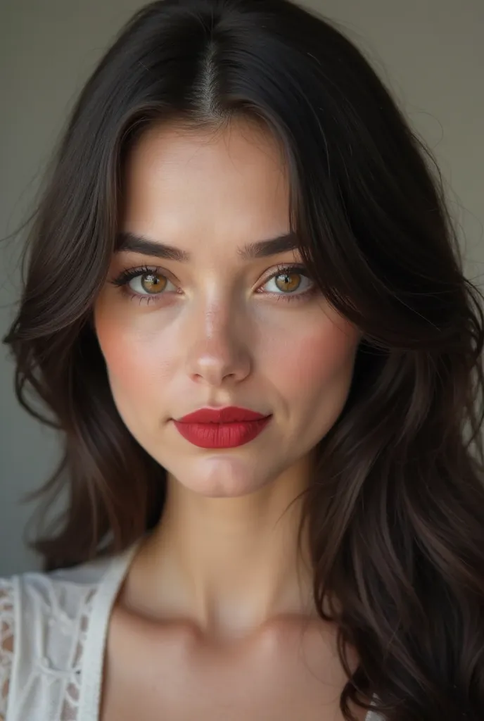 Create a realistic portrait of a 28-year-old white woman with dark hair styled naturally, framing her face elegantly. She has very light brown eyes that are striking and intense, drawing immediate attention. Her nose is prominent, adding uniqueness and cha...