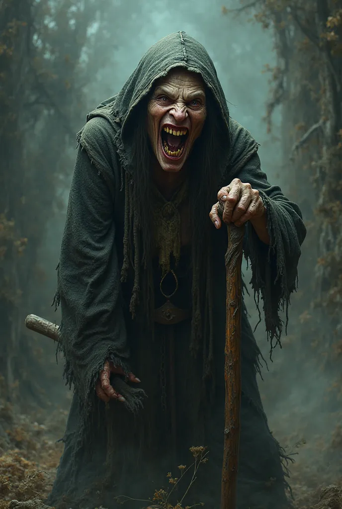 A female witch, horrifying , Hook nose with wart, hunched and dented on a cane, laughing 